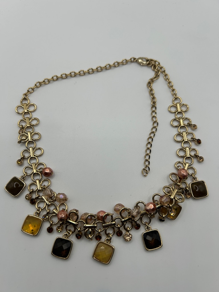 Gold-Tone Multicolor Charm Necklace With Amber And Brown Accents